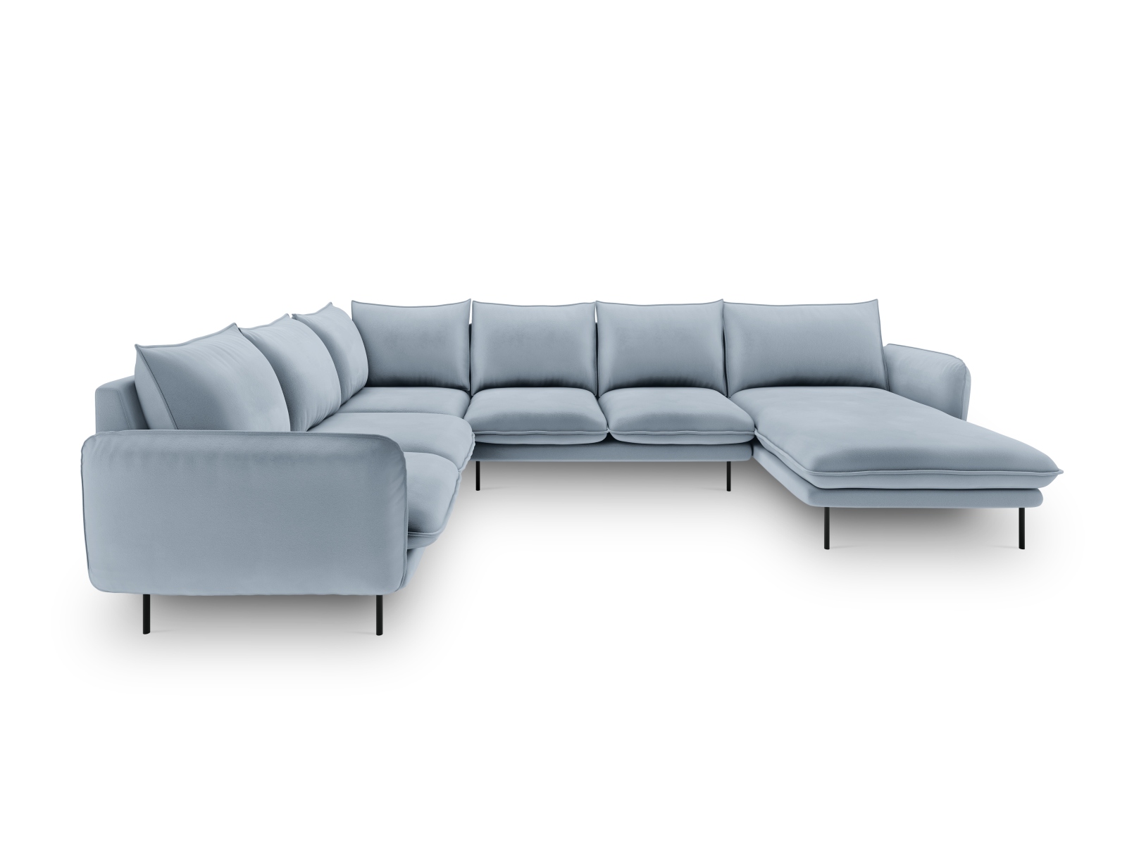 Cosmopolitan Design Panoramasofa Vienna 7-Sitzer Samt Bluvel Hellblau Links Beine Schwarzes Metall