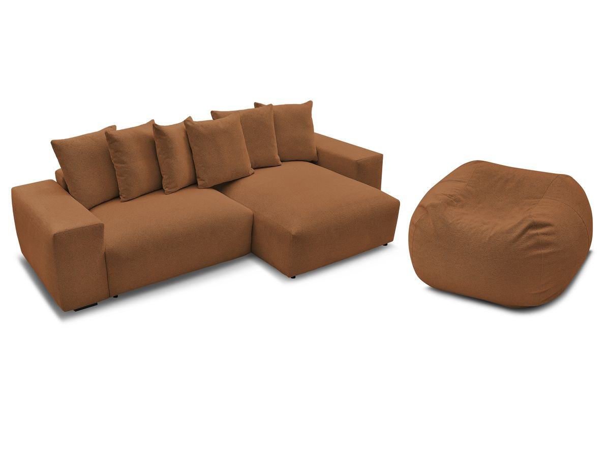 Bobochic Voltaire Ecksofa mit Schlaffunktion und Bettkasten und Pouf Melange-Stoff Orange