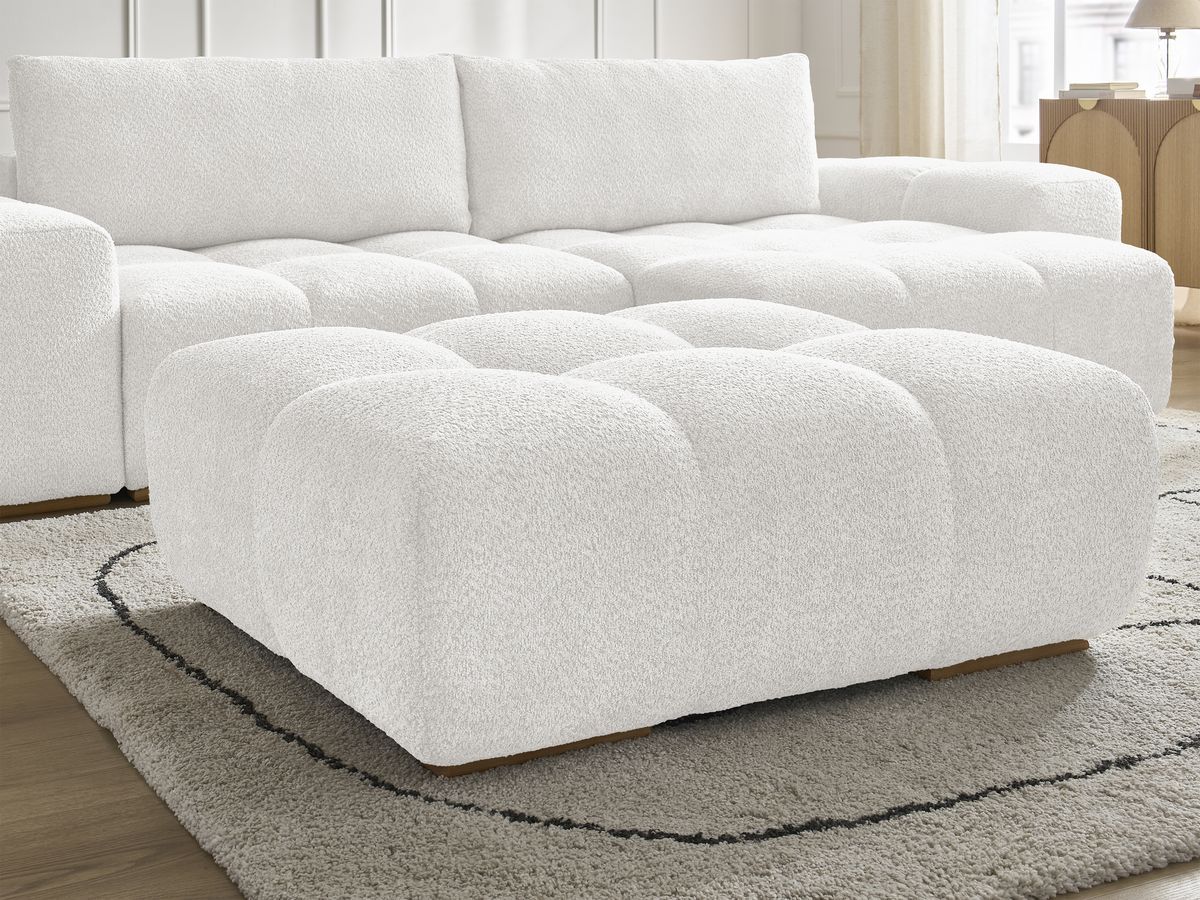Bobochic Anakin Ecksofa mit Schlaffunktion und Bettkasten und Pouf, 2 Kissen Bouclé-Stoff Weiß