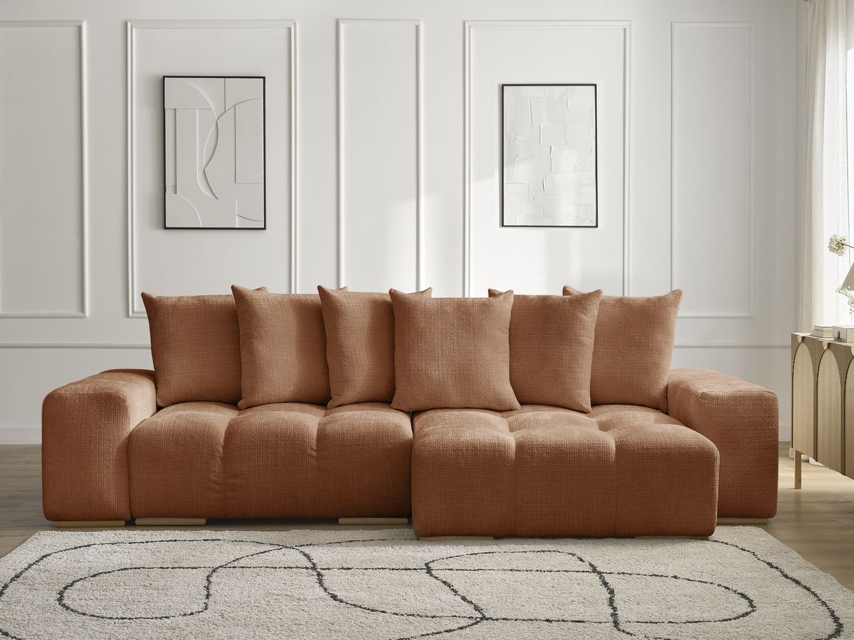 Bobochic Anakin Ecksofa mit Schlaffunktion und Bettkasten, 6 Kissen Strukturstoff Orange