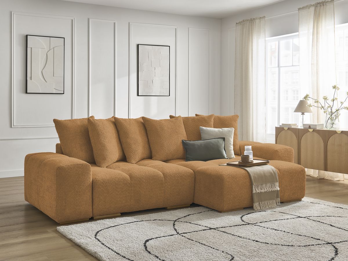 Bobochic Anakin Ecksofa, 6 Kissen Bouclé-Stoff Gelb