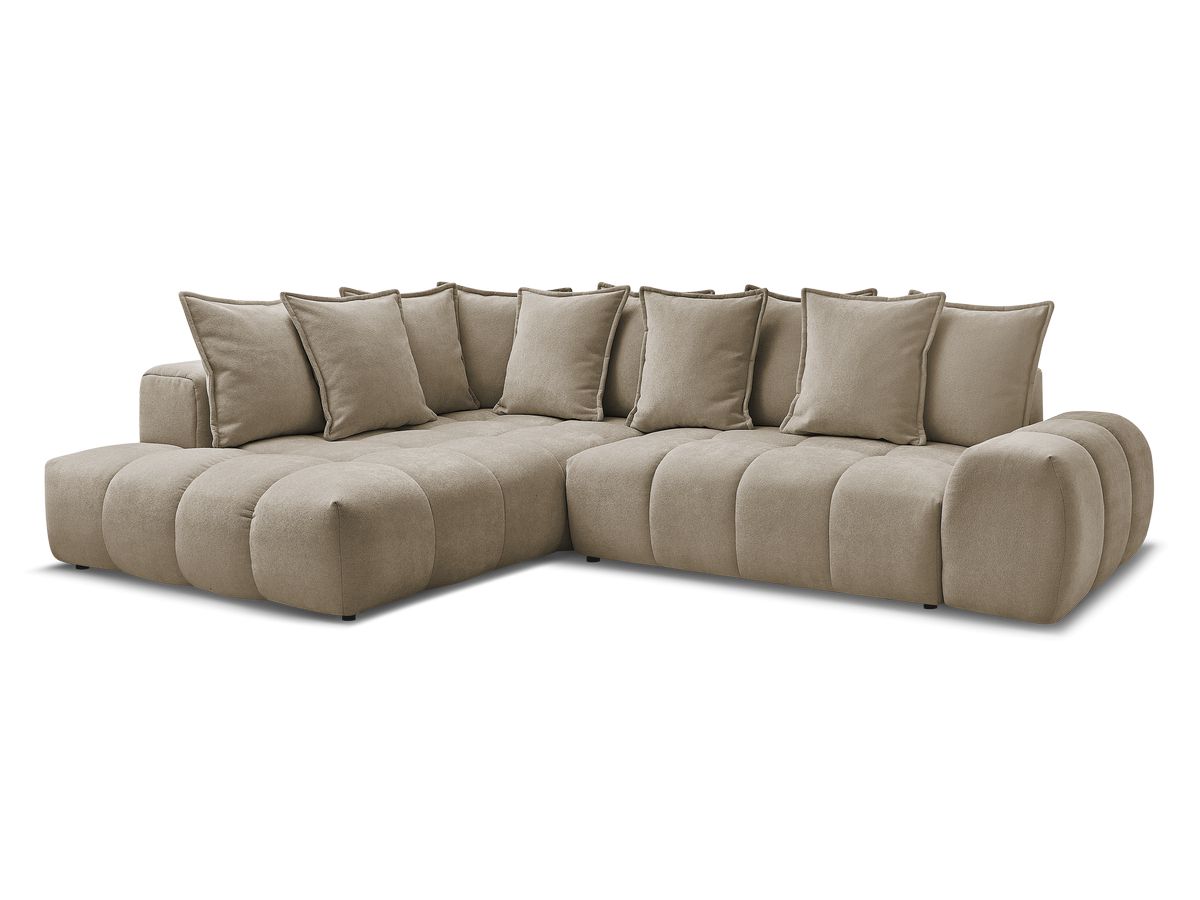 Bobochic Everest Ecksofa mit Schlaffunktion und Bettkasten 320 × 212 cm, 10 Kissen Strukturstoff Taupe Ecke links