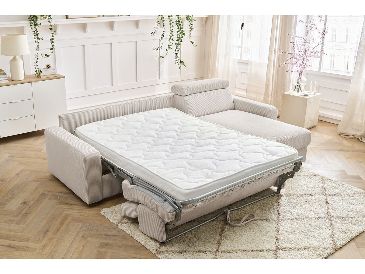 Bobochic Monaco Ecksofa mit Schlaffunktion und Bettkasten Cordsamt Beige, Liegefläche 140 × 190 cm