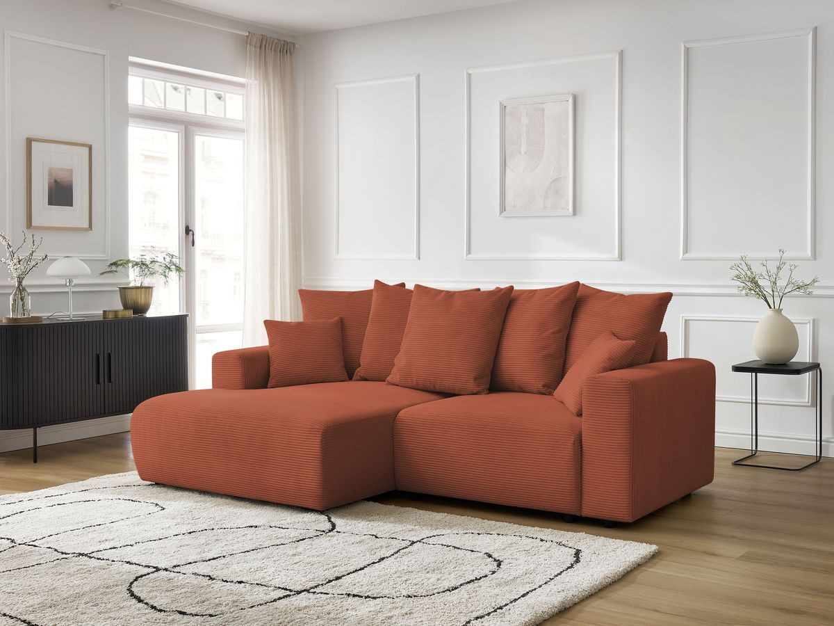 Bobochic Atilla Ecksofa mit Schlaffunktion und Bettkasten Cordsamt Orange Ecke links