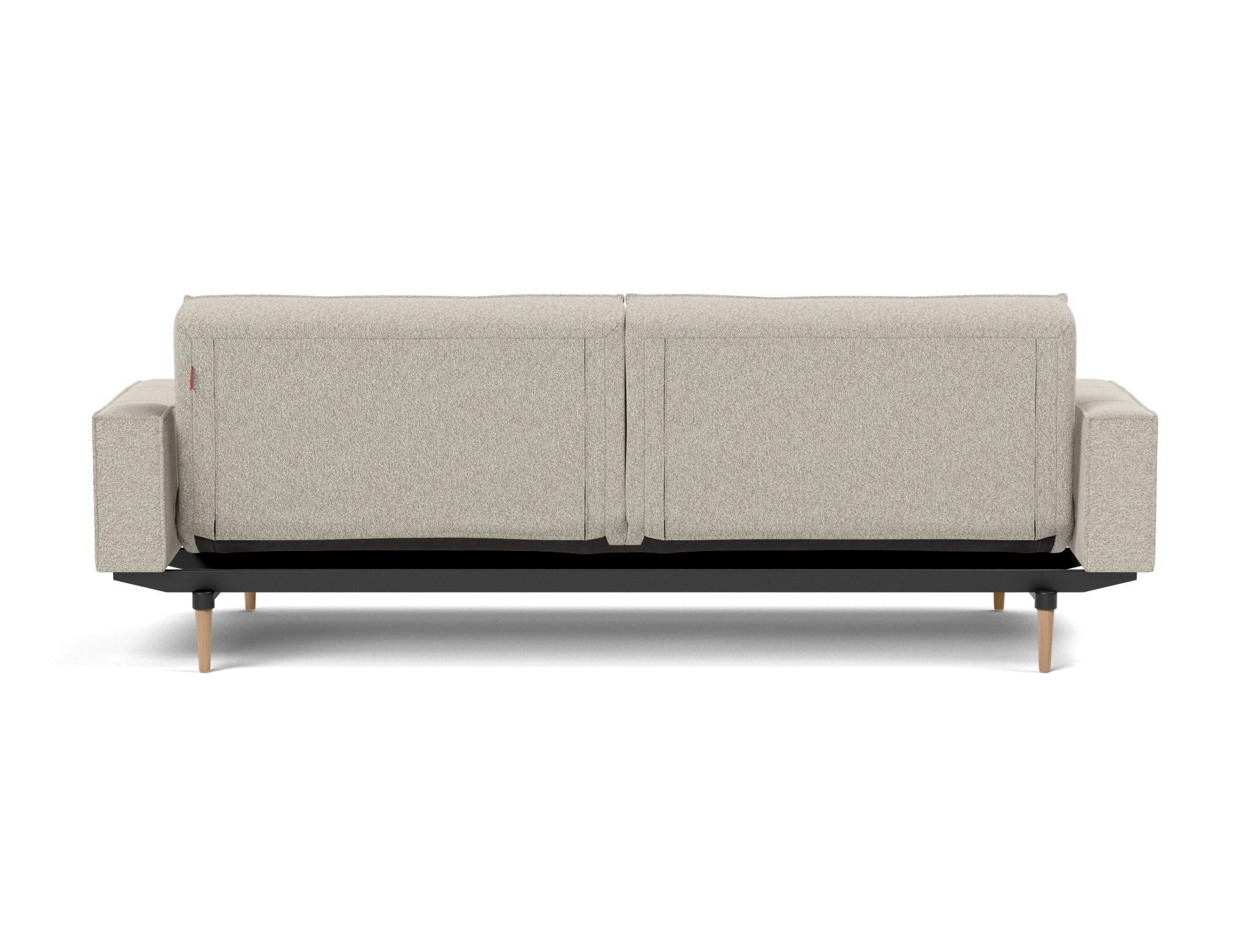 Schlafsofa Splitback mit Armlehnen Boucle Skandi 539-Beige Beine Styletto Eiche hell