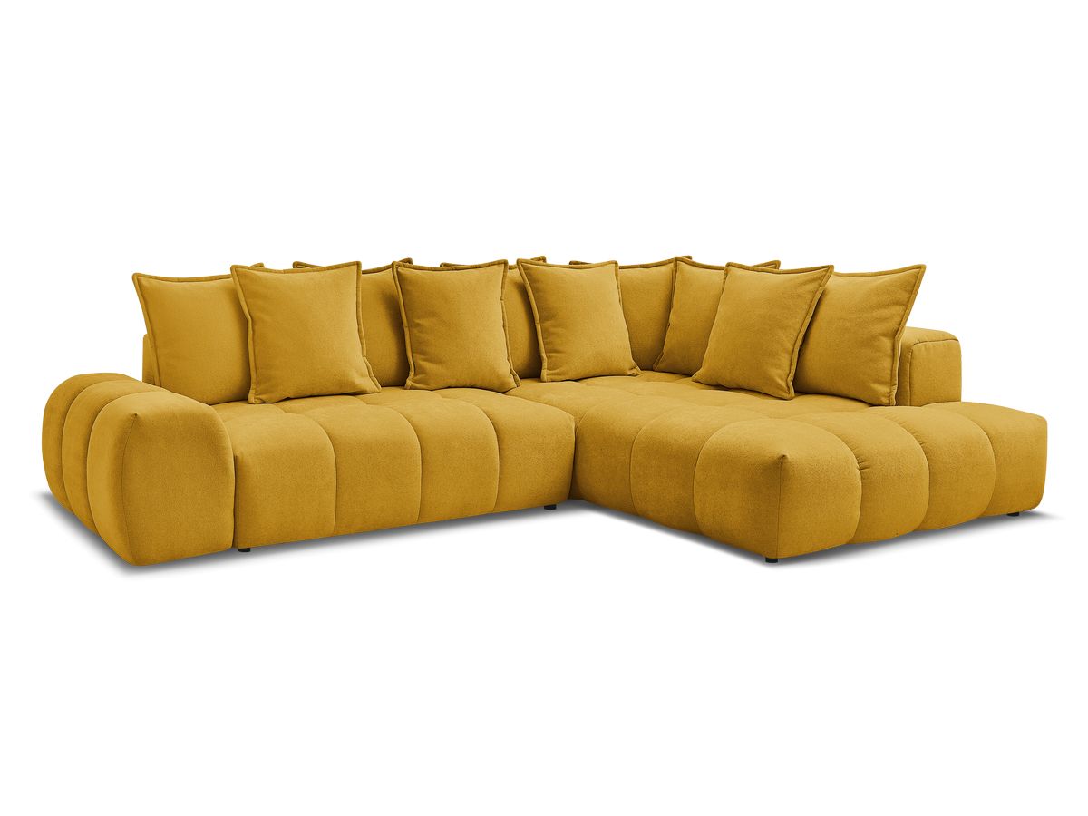 Bobochic Everest Ecksofa mit Schlaffunktion und Bettkasten 320 × 212 cm, 10 Kissen Strukturstoff Gelb Ecke rechts