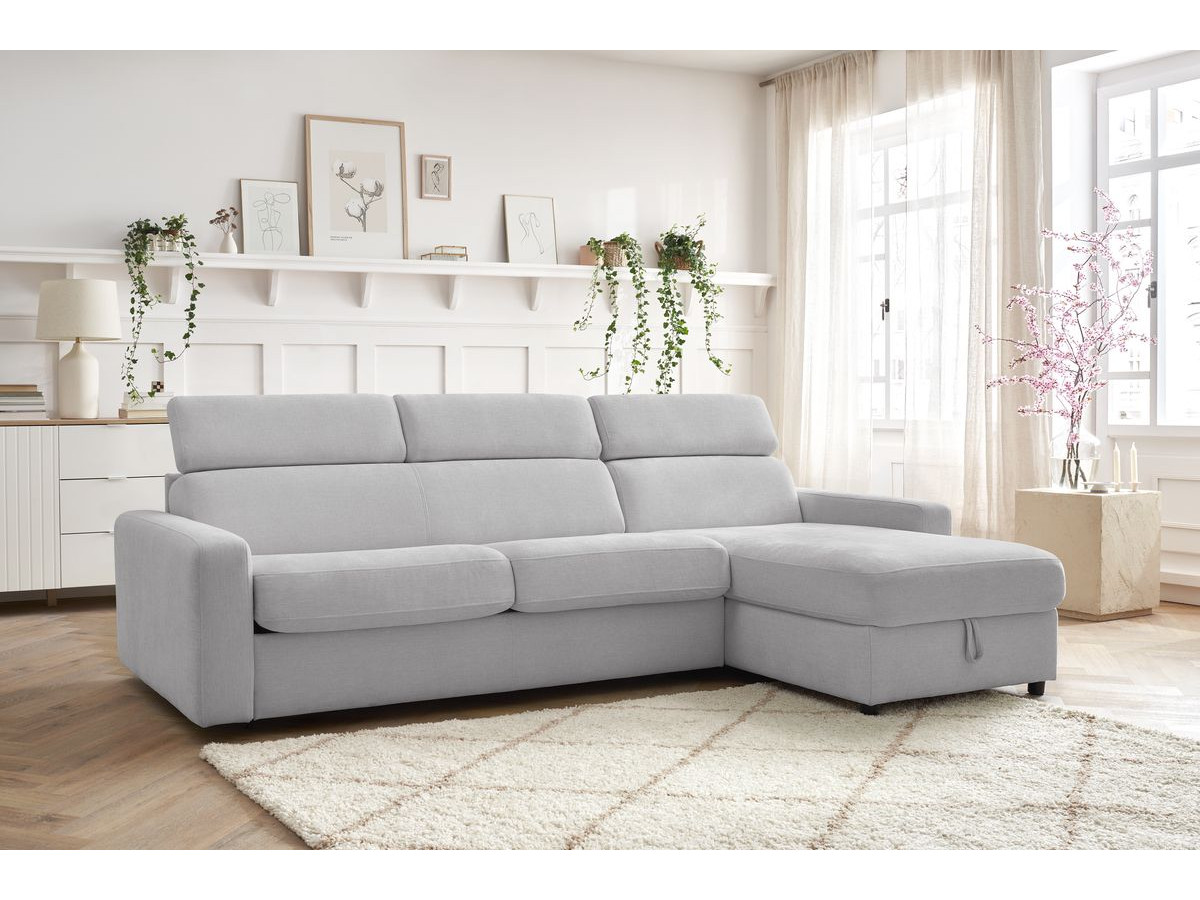 Bobochic Monaco Ecksofa mit Schlaffunktion und Bettkasten Stoff Hellgrau, Liegefläche 140 × 190 cm