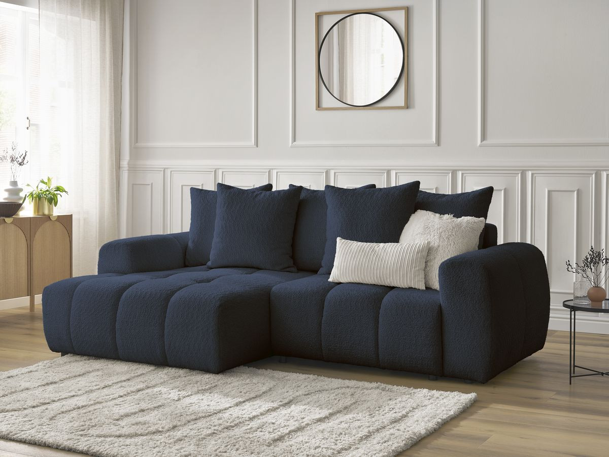 Bobochic Roxelane Ecksofa mit Schlaffunktion und Bettkasten 258 × 150 cm Bouclé-Stoff Dunkelblau Ecke links