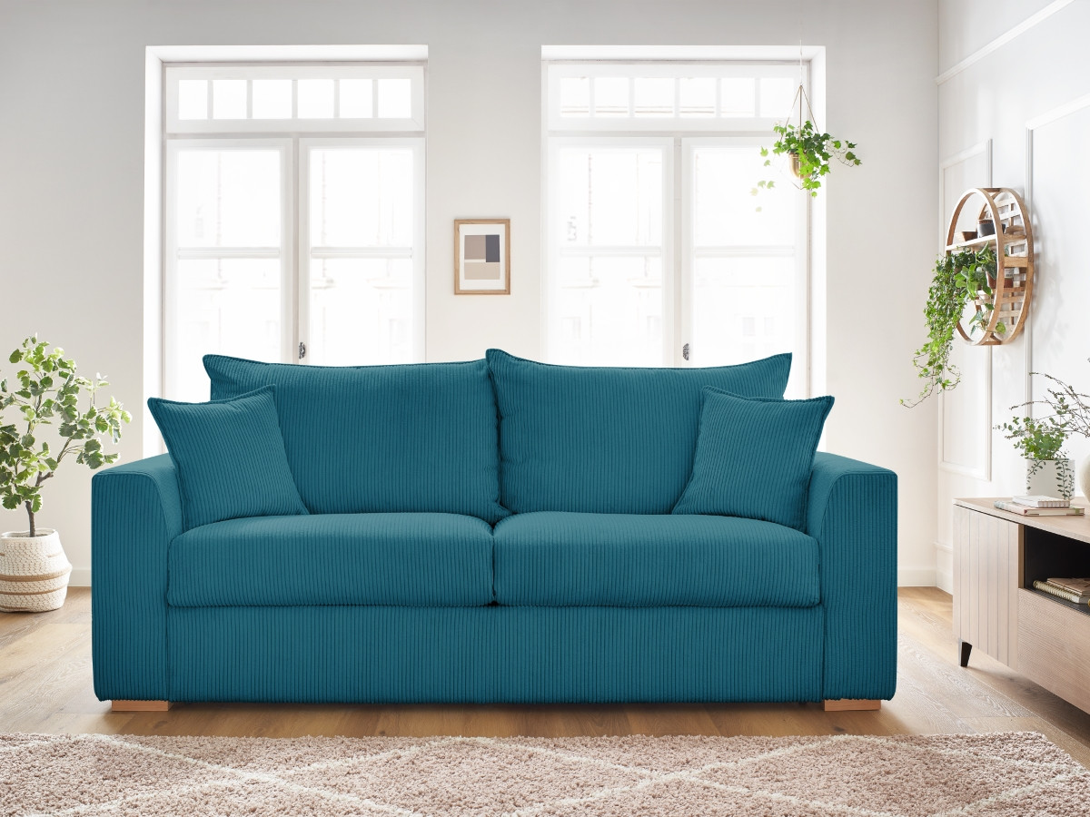 Bobochic Augustin Schlafsofa 3-Sitzer Cordsamt Hellblau, Liegefläche 140 × 200 cm