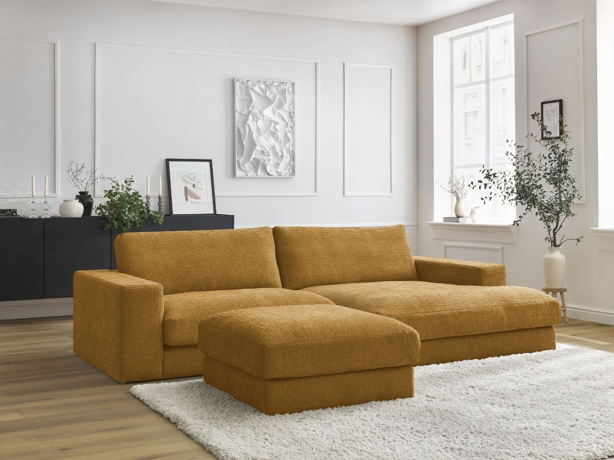 Bobochic Leonard Ecksofa mit Pouf 234 × 159 cm Strukturstoff Gelb Ecke rechts