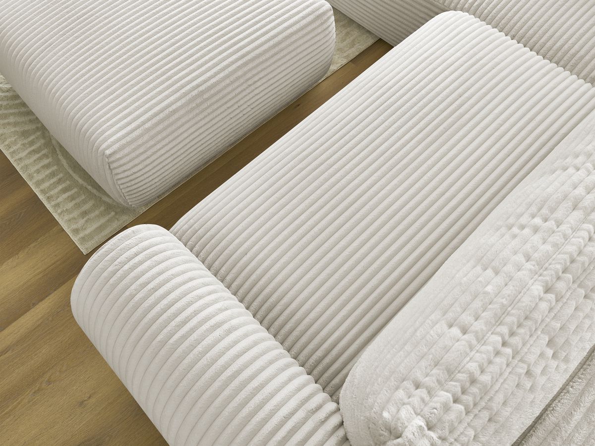 Bobochic Lucien Ecksofa mit Schlaffunktion und Bettkasten und Pouf 296 × 198 cm Breitcord weich Beige Ecke links