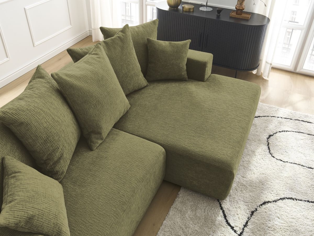 Bobochic Atilla Ecksofa mit Schlaffunktion und Bettkasten Strukturstoff Grün Ecke rechts
