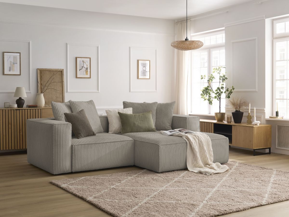 Bobochic Nina Ecksofa Cordsamt Taupe Ecke rechts