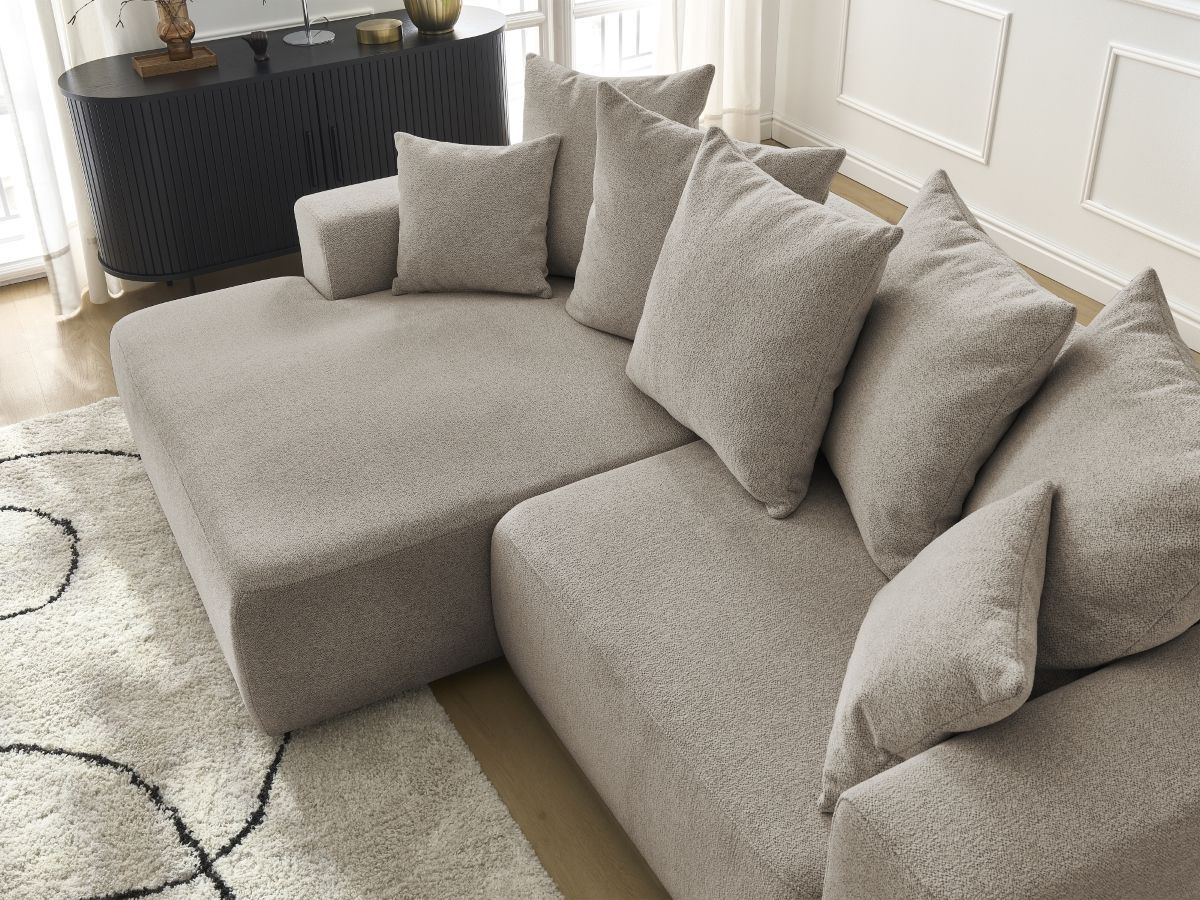 Bobochic Atilla Ecksofa mit Schlaffunktion und Bettkasten Melange-Stoff Taupe Ecke links