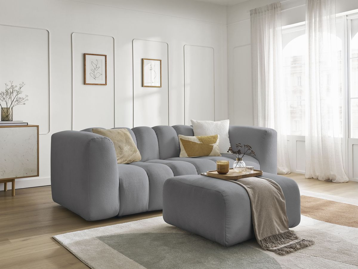 Bobochic Talia Sofa 3-Sitzer mit Pouf Melange-Stoff Hellgrau