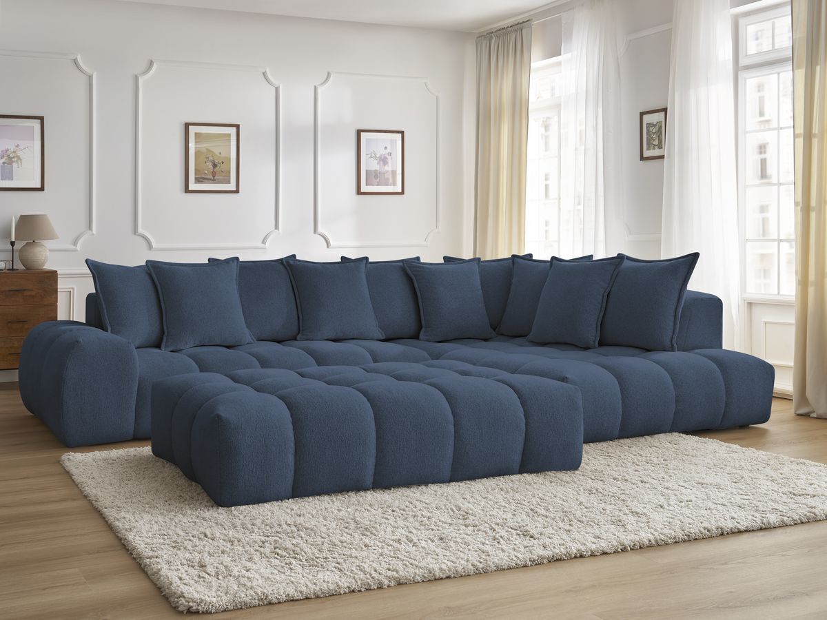 Bobochic Everest Ecksofa mit Schlaffunktion und Pouf, 10 Kissen Melange-Stoff Dunkelblau Ecke rechts