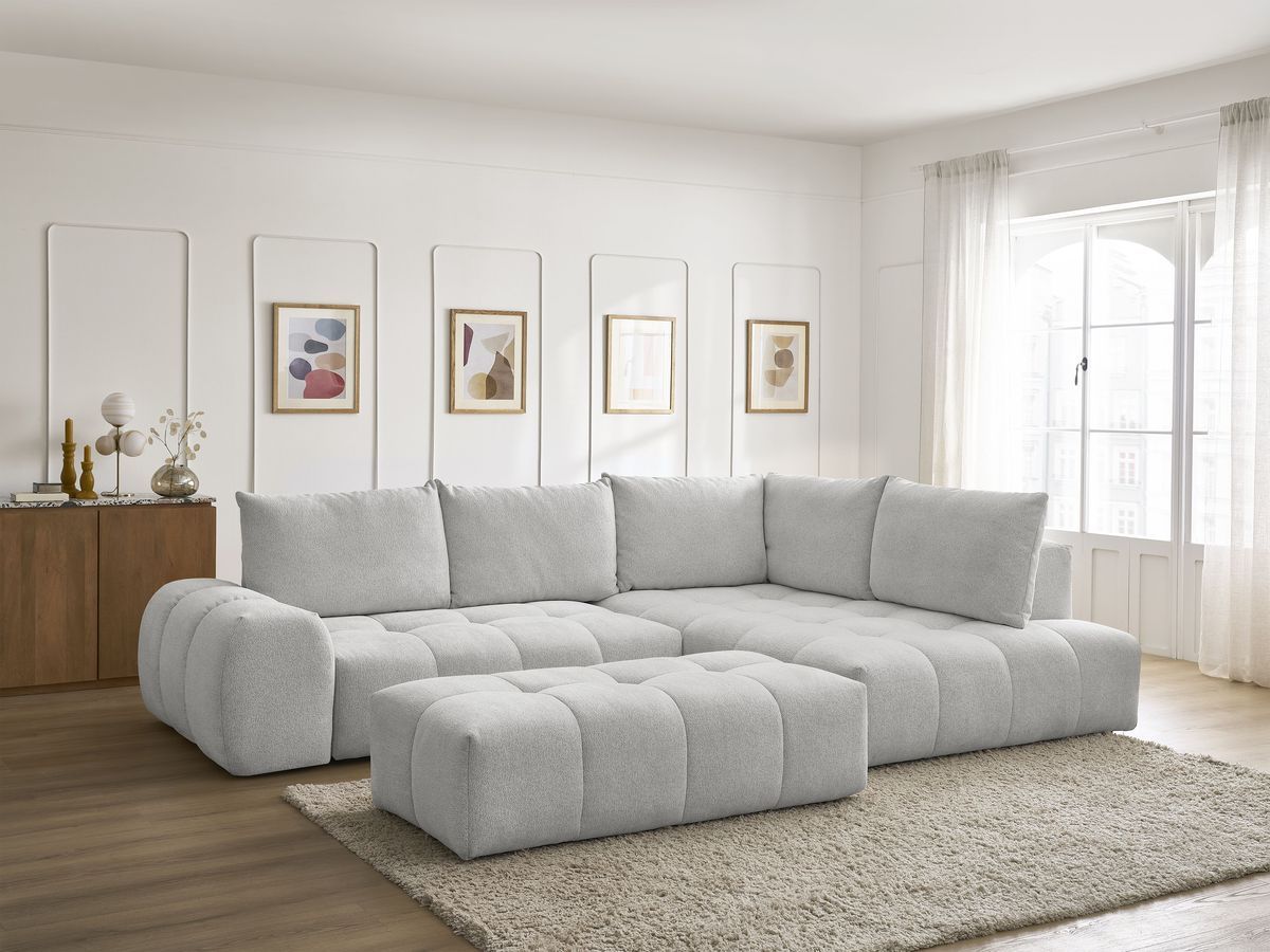 Bobochic Everest Ecksofa mit Schlaffunktion und Bettkasten und Pouf 320 × 212 cm, 5 Kissen Melange-Stoff Hellgrau Ecke rechts