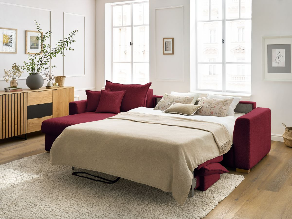 Bobochic Augustin Ecksofa mit Schlaffunktion und Bettkasten Bouclé-Stoff Rot, Liegefläche 140 × 200 cm