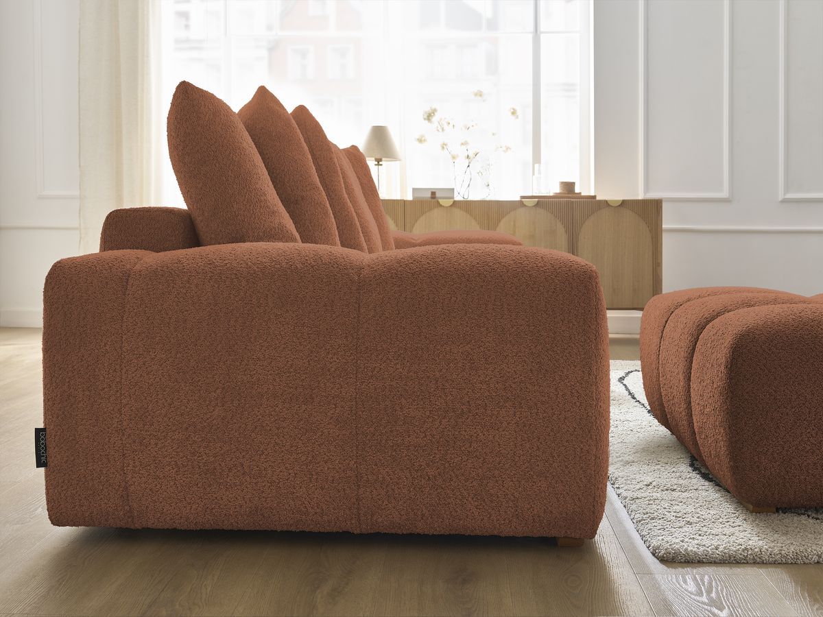 Bobochic Anakin Sofa 3-Sitzer mit Pouf, 6 Kissen Bouclé-Stoff Orange