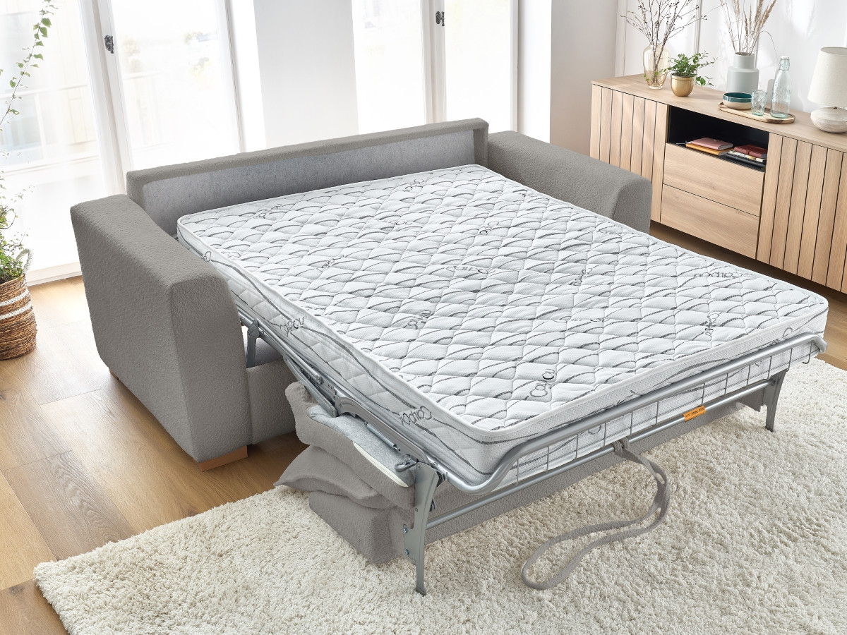 Bobochic Augustin Schlafsofa 3-Sitzer Bouclé-Stoff Hellgrau, Liegefläche 140 × 200 cm