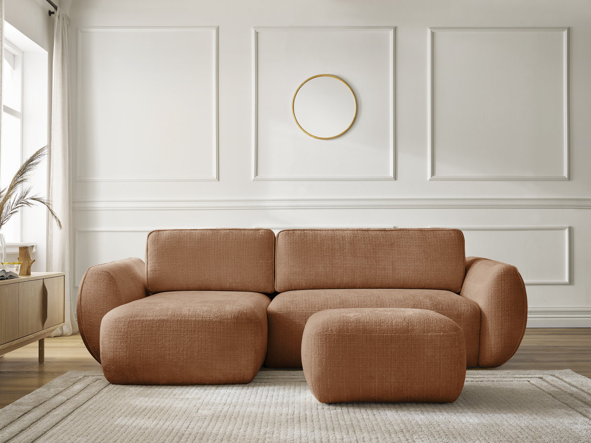 Bobochic Denise Ecksofa mit Schlaffunktion und Bettkasten und Pouf 258 × 160 cm Strukturstoff Orange Ecke links