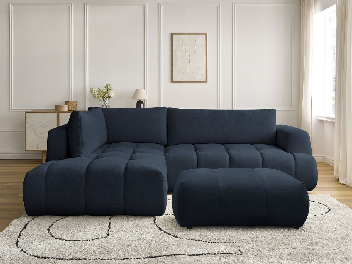 Bobochic Fuji Ecksofa mit Schlaffunktion und Bettkasten und Pouf 282 × 204 cm Stoff Dunkelblau Ecke links