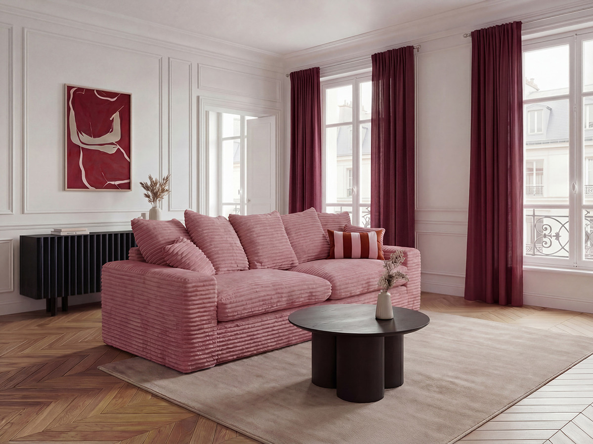 Bobochic Nevada Sofa 3-Sitzer 260 × 97 cm Breitcord weich Rosa