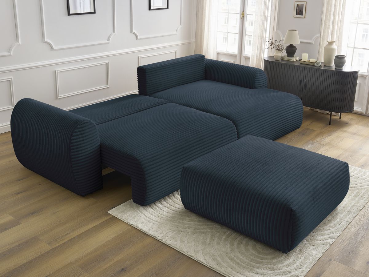 Bobochic Lucien Ecksofa mit Schlaffunktion und Bettkasten und Pouf 314 × 167 cm Breitcord weich Dunkelblau Ecke rechts