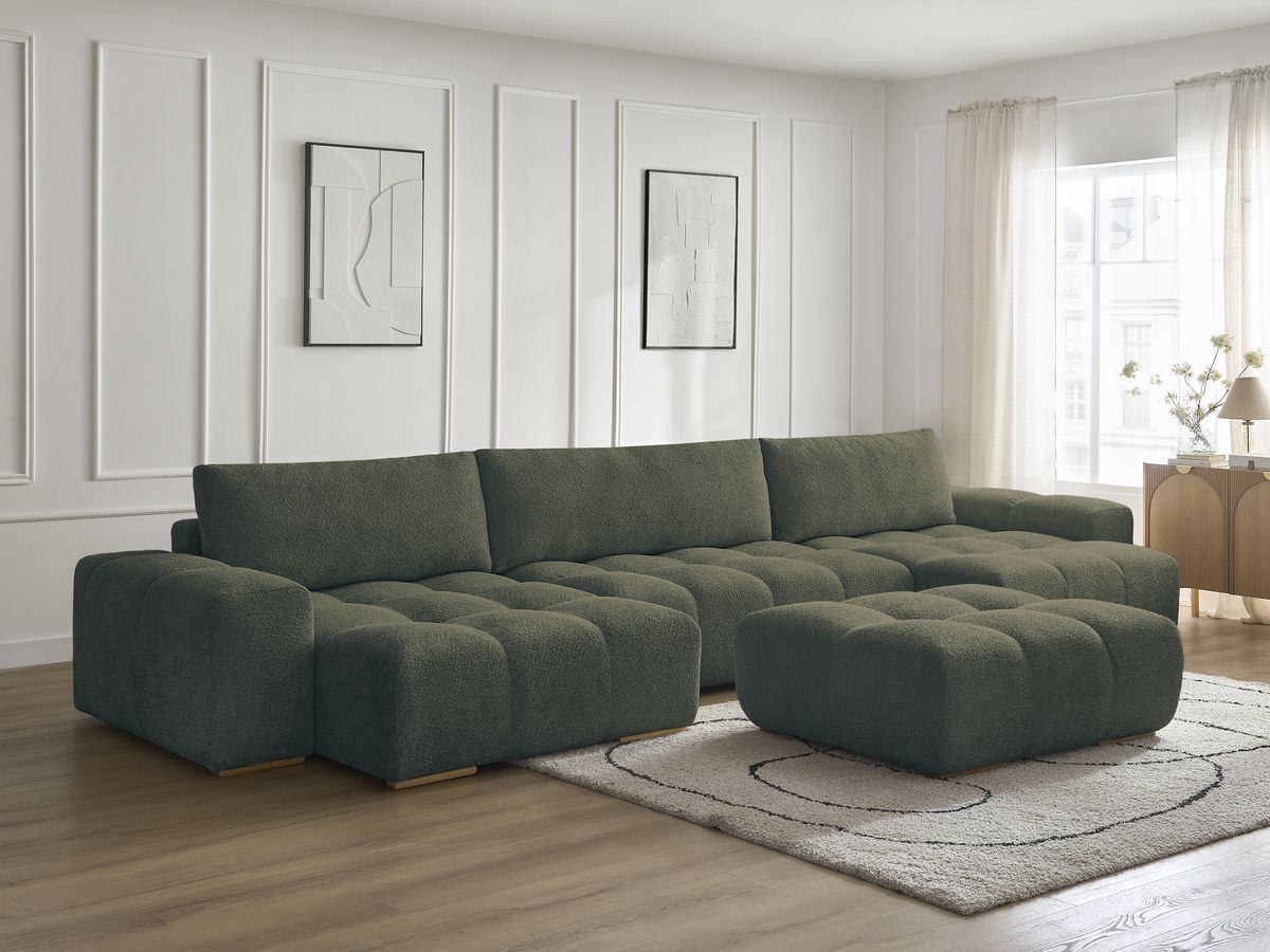 Bobochic Anakin Wohnlandschaft mit Pouf, 3 Kissen Bouclé-Stoff Grün