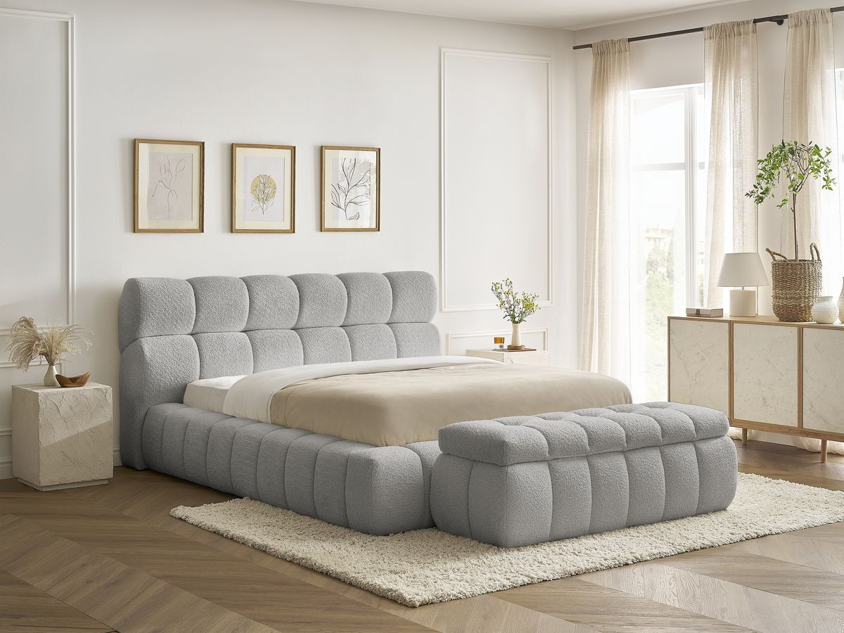 Bobochic Mont-blanc Polsterbett mit Bettkasten mit Bettbank Bouclé-Stoff Hellgrau, Liegefläche 180 × 200 cm