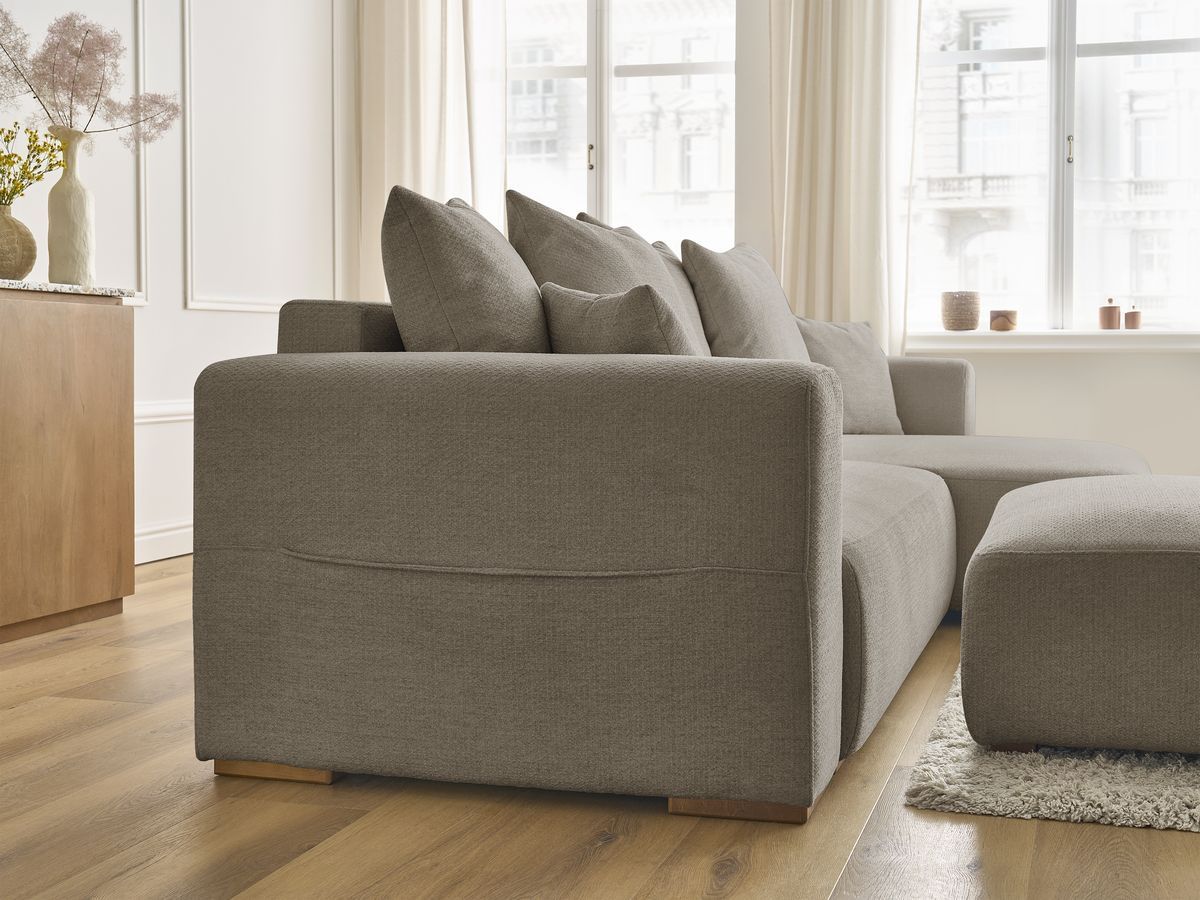 Bobochic Sidonie Ecksofa mit Schlaffunktion und Bettkasten und Pouf Melange-Stoff Taupe