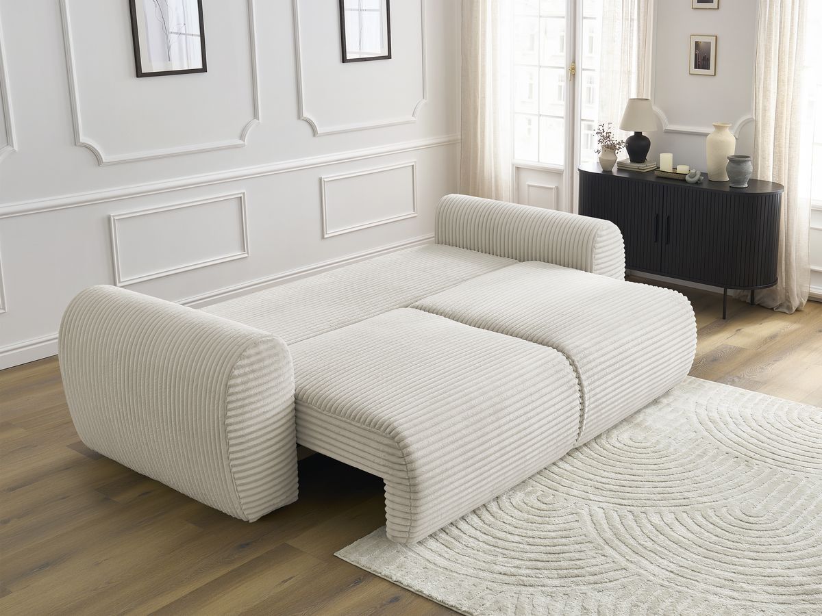 Bobochic Lucien Schlafsofa 3-Sitzer mit Bettkasten Breitcord weich Beige