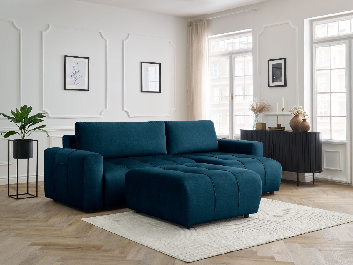 Bobochic Arsene Ecksofa mit Schlaffunktion und Bettkasten und Pouf 288 × 148 cm Samt Blau