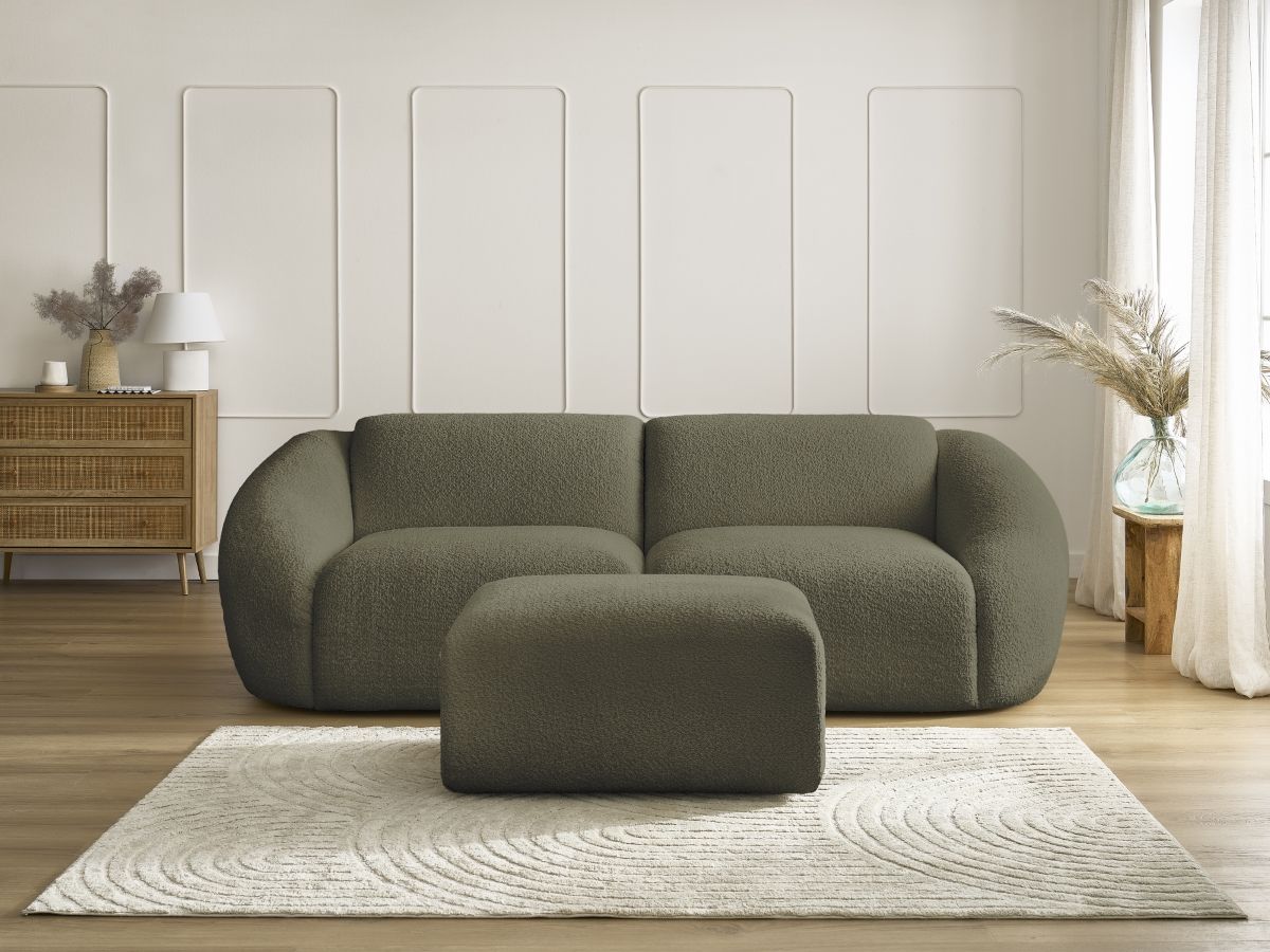 Bobochic Tina Sofa 4-Sitzer mit Pouf Bouclé-Stoff Grün