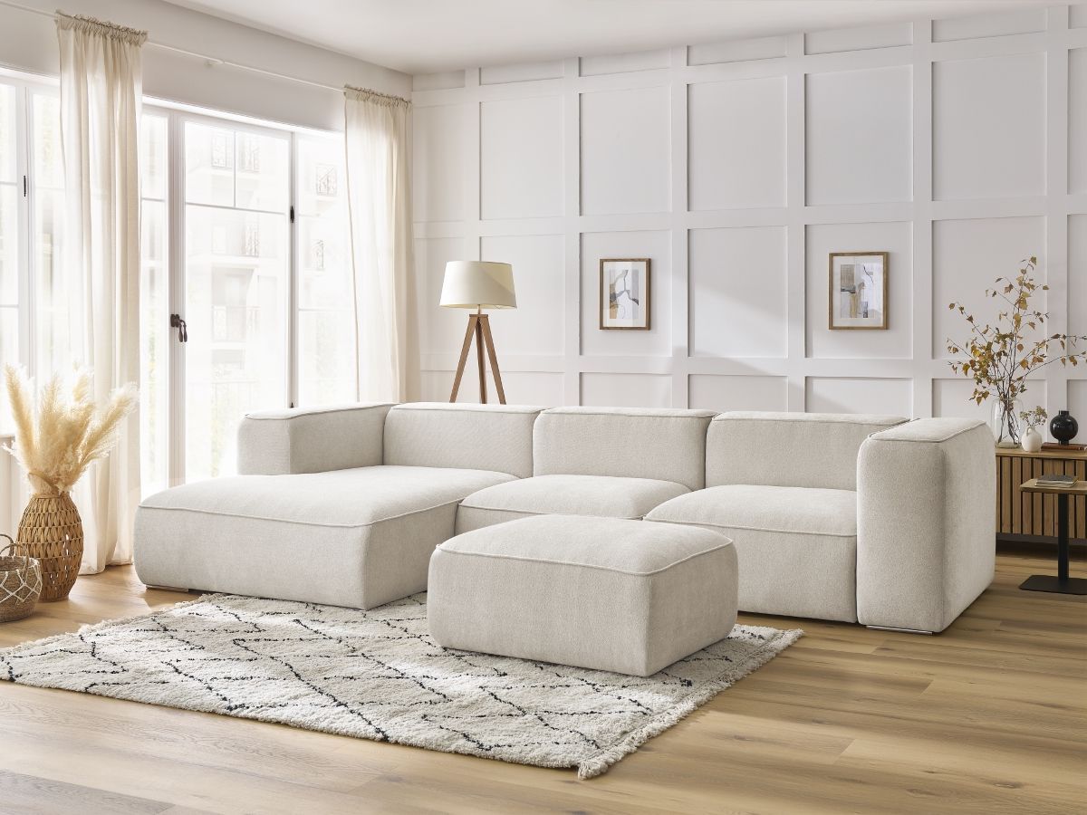 Bobochic Zephyr Ecksofa mit Pouf 349 × 165 cm Strukturstoff Weiß Ecke links