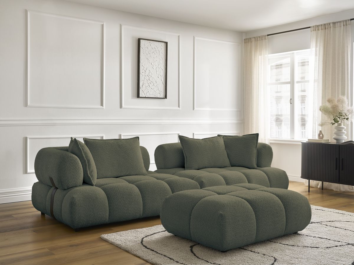 Bobochic Alya Sofa 4-Sitzer mit Pouf Bouclé-Stoff Grün