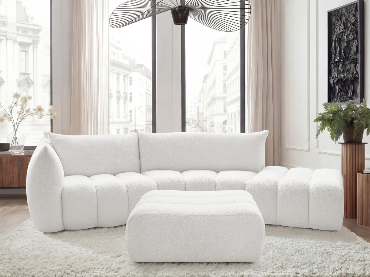 Bobochic Azra Ecksofa mit Pouf 325 × 112 cm Bouclé-Stoff Weiß Ecke links