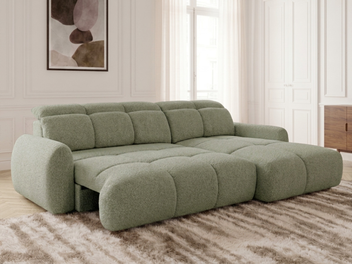 Bobochic Ruby Ecksofa mit Schlaffunktion und Bettkasten Chenille Grün Ecke rechts