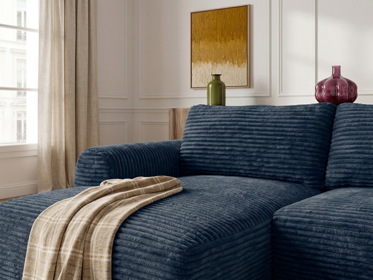 Bobochic Lucien Ecksofa mit Schlaffunktion und Bettkasten Breitcord weich Dunkelblau Ecke links