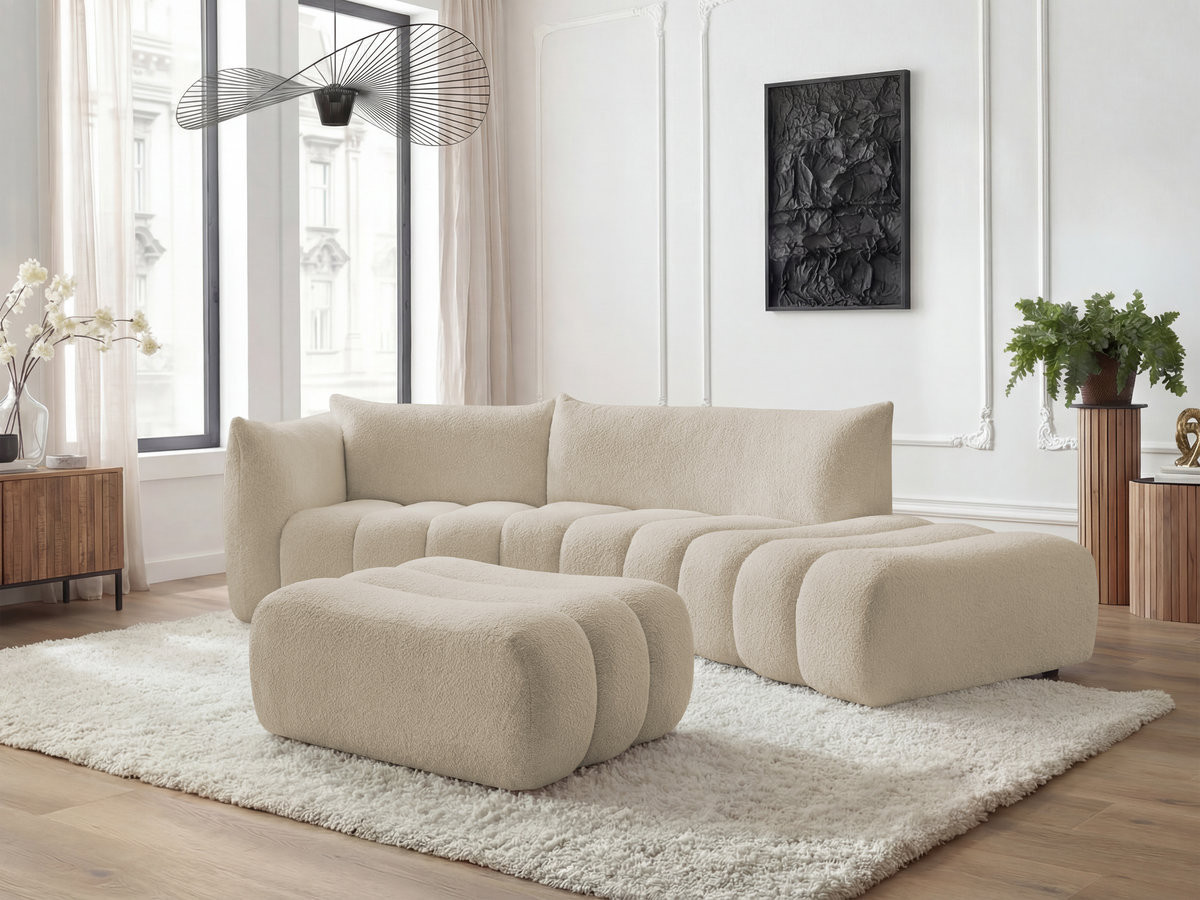 Bobochic Azra Ecksofa mit Pouf 325 × 112 cm Bouclé-Stoff Beige Ecke links