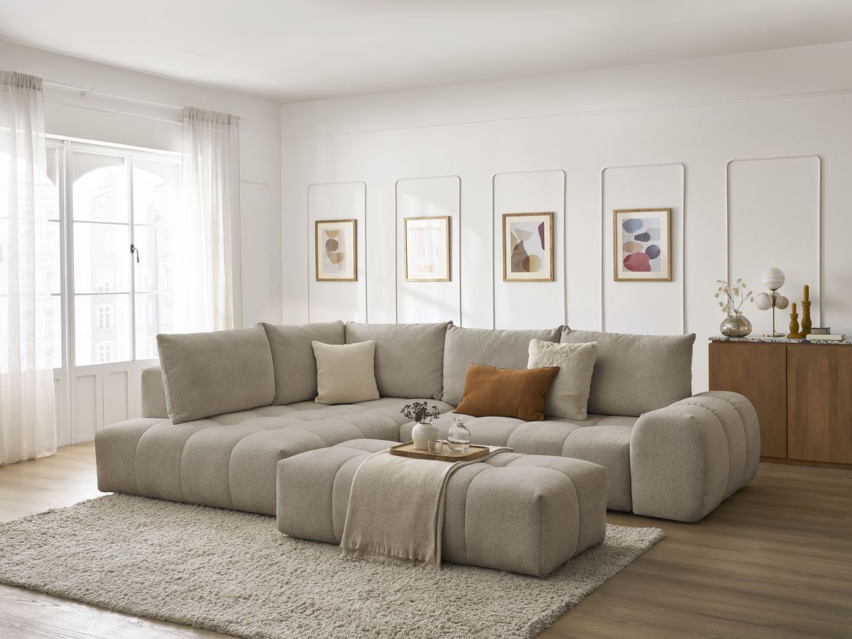 Bobochic Everest Ecksofa mit Schlaffunktion und Bettkasten und Pouf 320 × 212 cm, 5 Kissen Melange-Stoff Taupe Ecke links