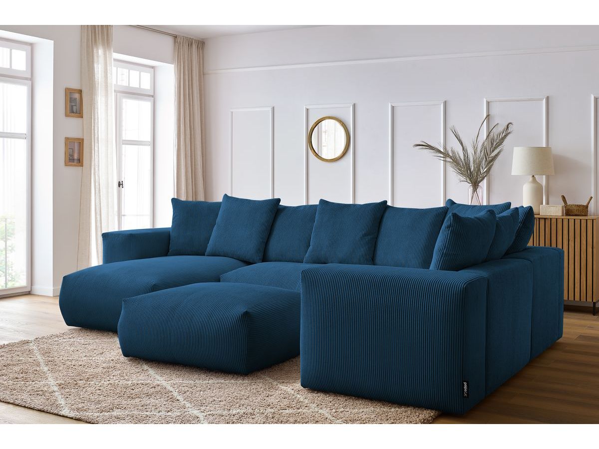Bobochic Voltaire Wohnlandschaft mit Pouf 356 × 214 cm Cordsamt Dunkelblau Ecke links