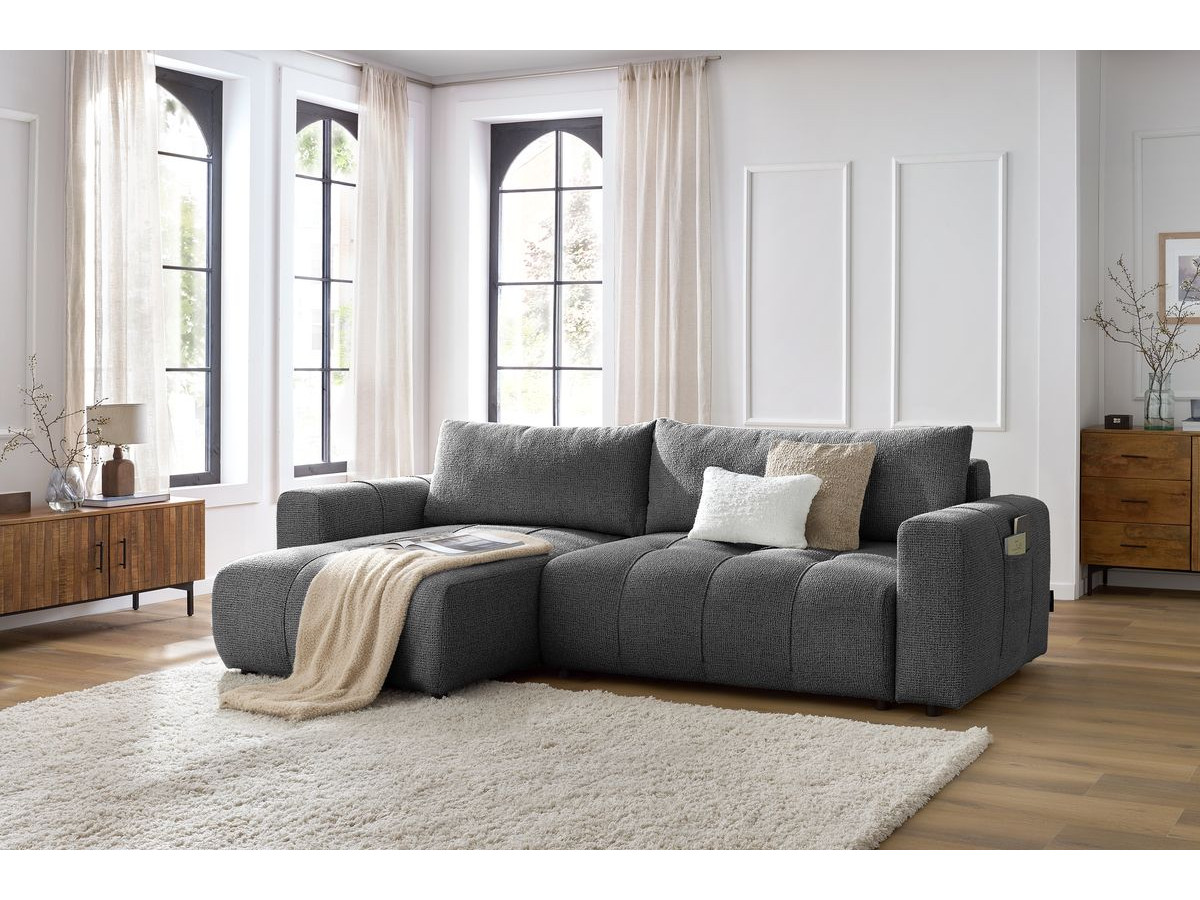 Bobochic Arsene Ecksofa mit Schlaffunktion und Bettkasten 288 × 148 cm Melange-Stoff Dunkelgrau