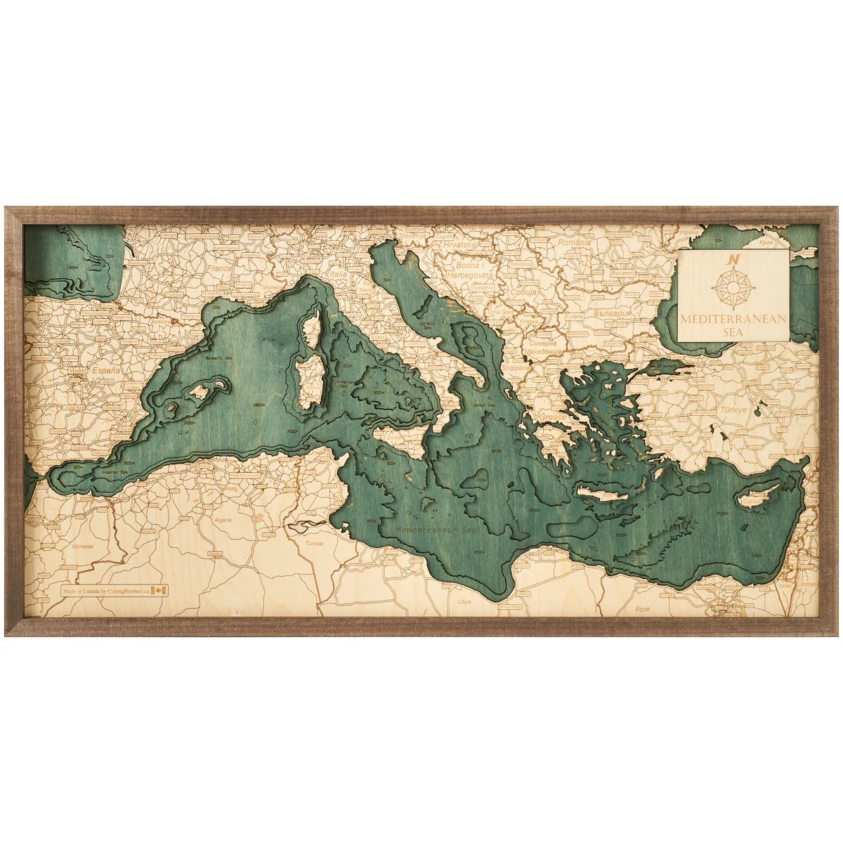 Cutting Brothers 3D Holz-Wandkarte Mittelmeer Mediterreanen 81x40.5 cm
