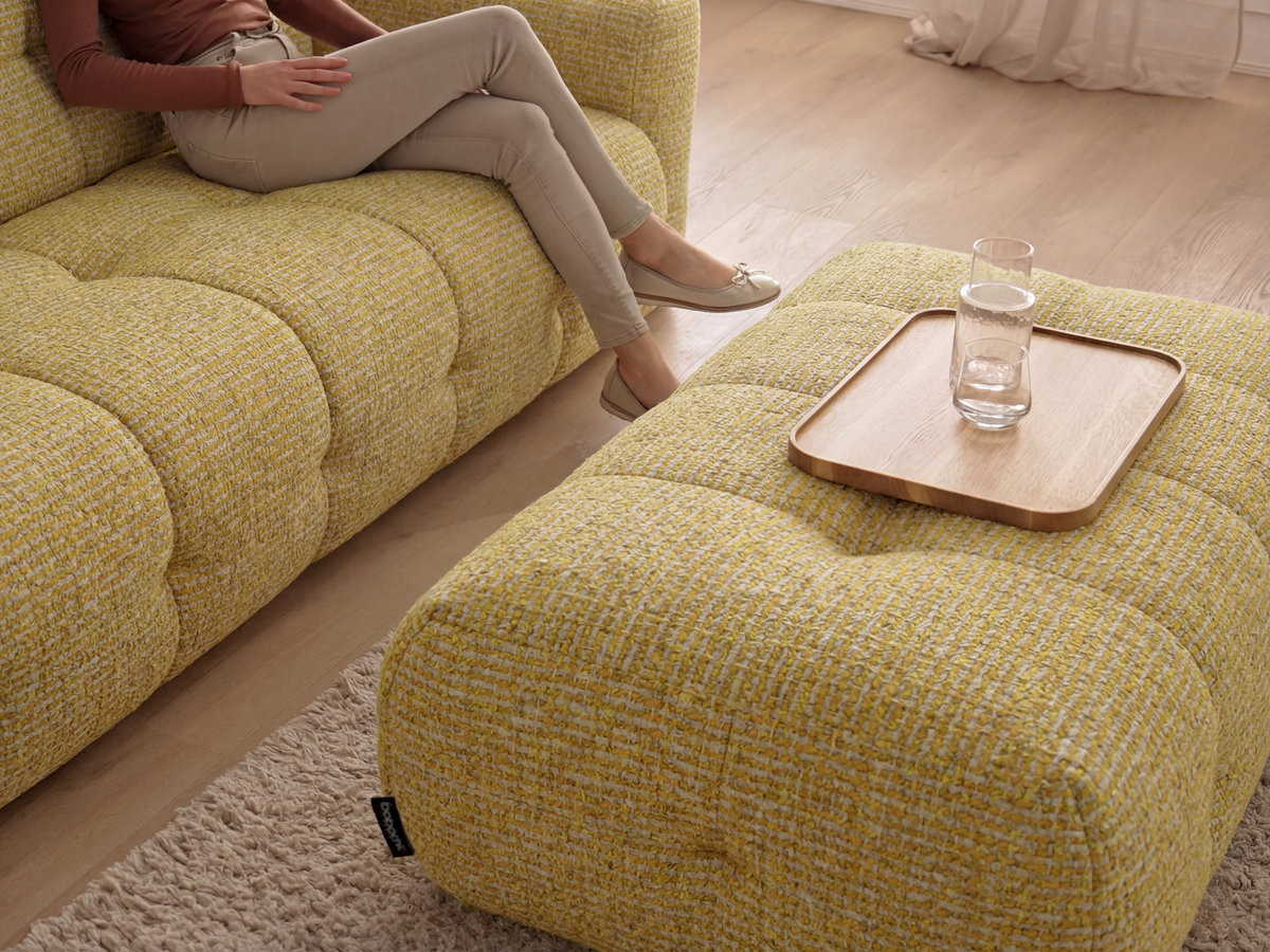 Bobochic Laura Ecksofa mit großem Pouf Melange-Stoff Gelb Ecke rechts