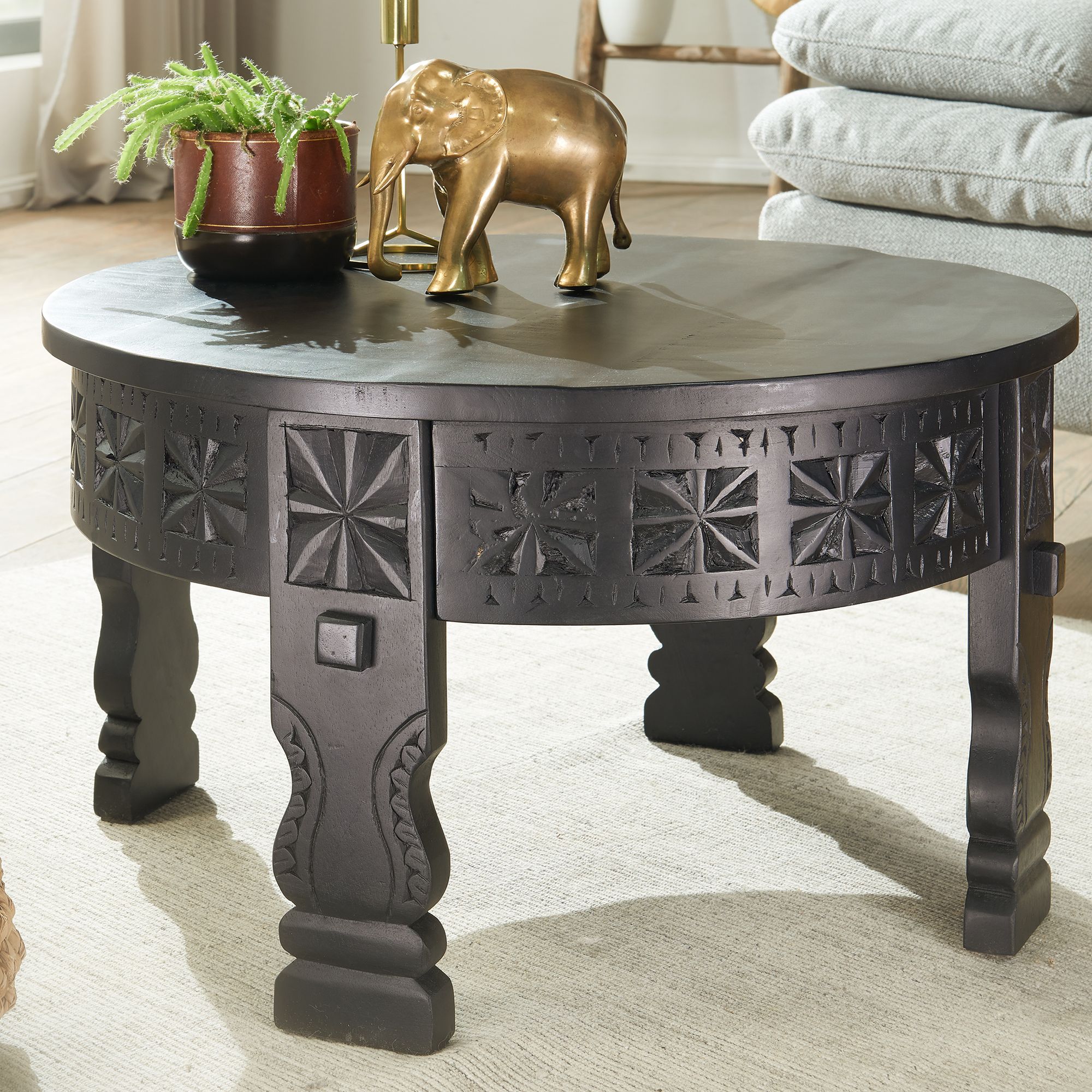 Couchtisch Adaldalur Mango Massivholz Schwarz Ø 60 cm