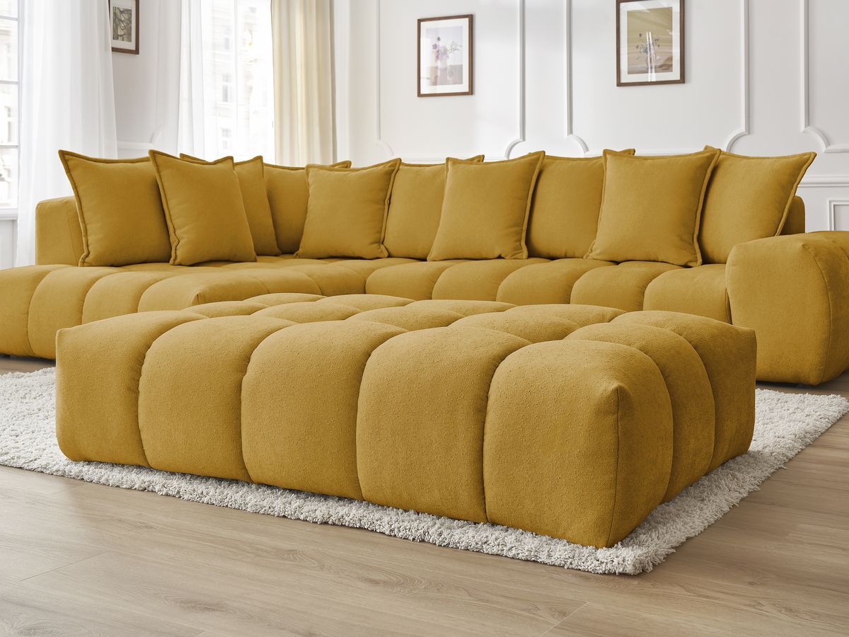 Bobochic Everest Ecksofa mit Schlaffunktion und Pouf, 10 Kissen Strukturstoff Gelb Ecke links