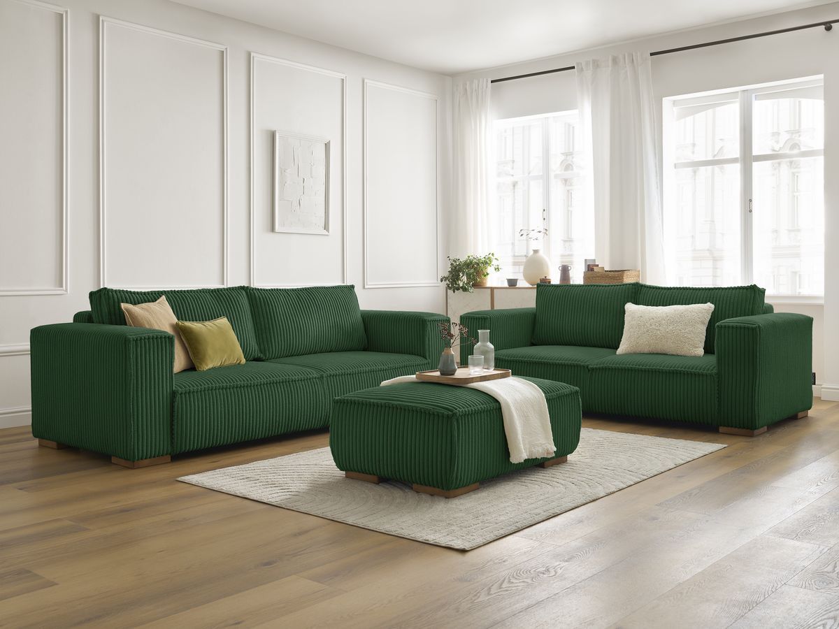 Bobochic Chelsea Sofa 6-Sitzer mit Pouf Breitcord weich Grün