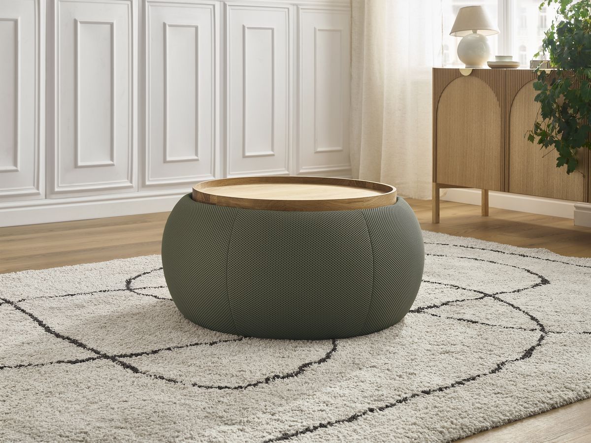 Bobochic Hayden Pouf mit Tablett, rund Mesh-Stoff Grün, 77 cm