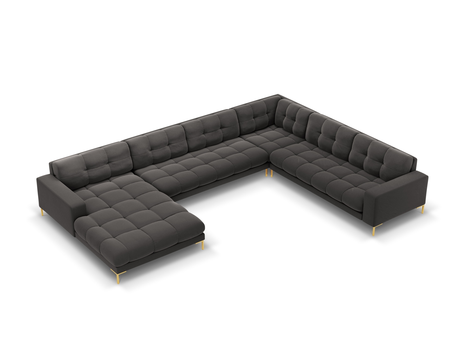 Cosmopolitan Design Panoramasofa Bali 7-Sitzer 327 cm Samt Bluvel Dunkelgrau Melange Rechts Beine Gold